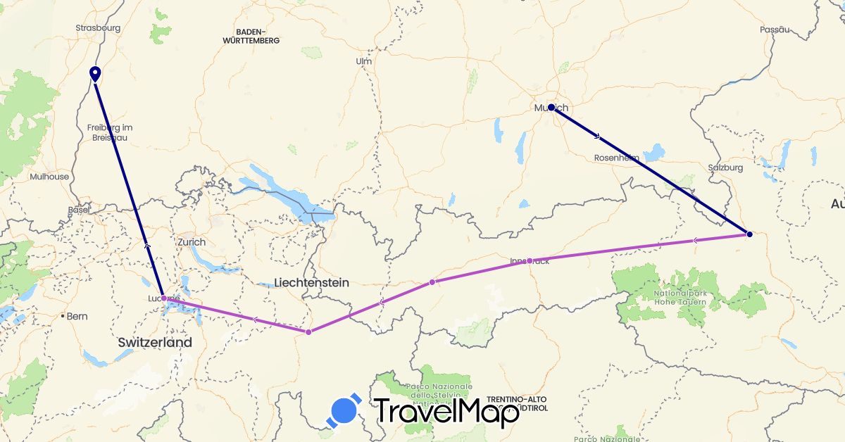 TravelMap itinerary: driving, train in Austria, Switzerland, Germany (Europe)